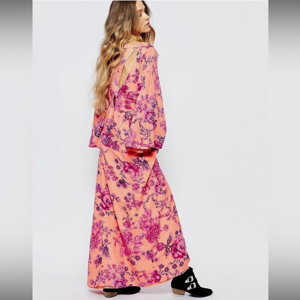 Free People Peach Maxi Dress with Pink Floral Print